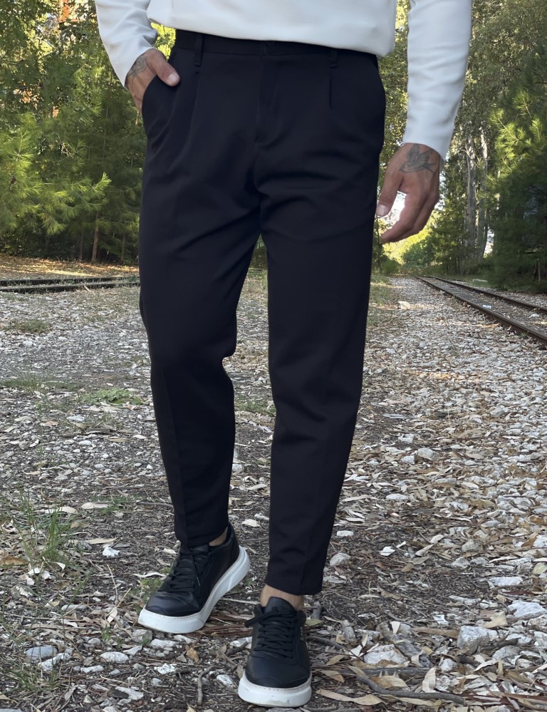 Ανδρικό υφασμάτινο μαύρο παντελόνι με λάστιχο και κουμπί FCL24095Μ φωτογραφία